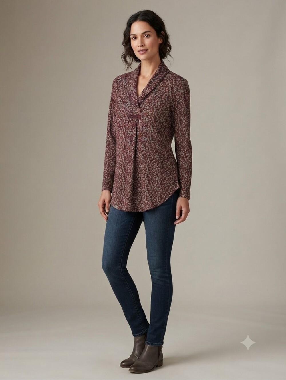 ​April Cornell Burgundy Floral Cotton Spandex V-Neck Tunic XS